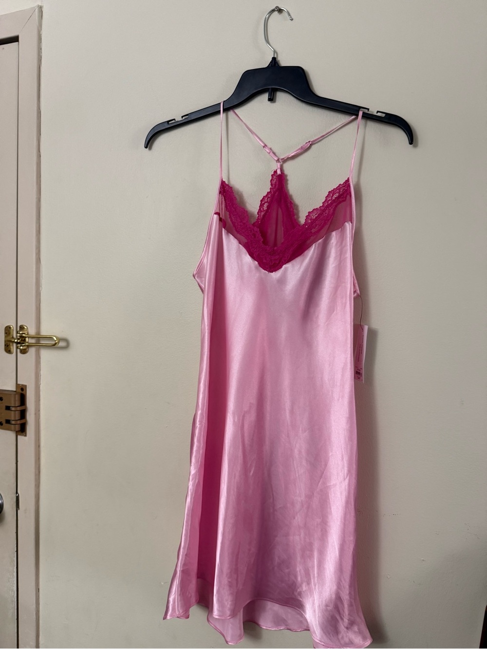 Pink Satin Slip Chemise with Fuchsia Lace Trim - Picture 3 of 9